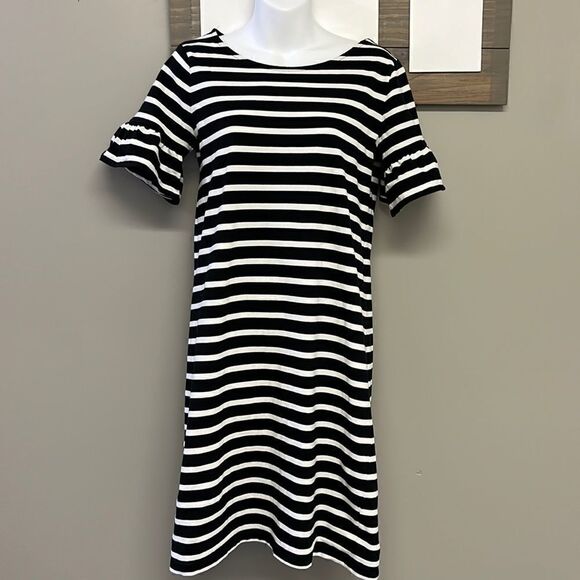 J. Crew Black & White Striped T- Shirt Dress w/ Ruffled Puff Sleeves- Small - Picture 1 of 9